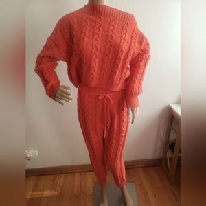 AKIRA Women's Orange Red Cable Knit Ribbed Waist Band  Sweater Set ~ Size Large